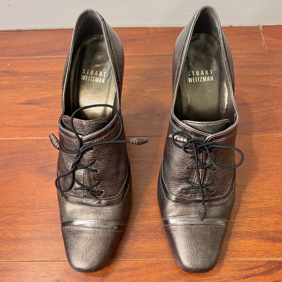 Stuart Weitzman Silver Grey Pewter Square Toe Lace Up Bootie Heels Womens 7 - Picture 6 of 10
